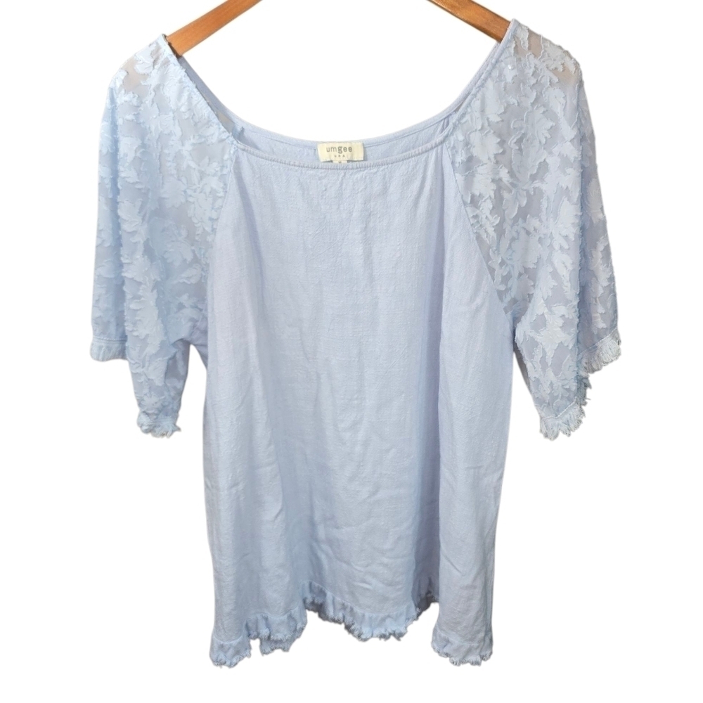 Umgee Linen Cotton Blend Lace Short Sleeve Raw Hem Top Baby Blue Size Medium
